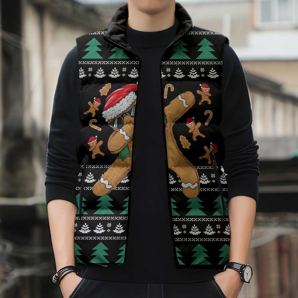 Funny Dabbing Gingerbread Holiday Party Jumper Sleeveless Puffer Jacket Xmas Holiday Patterns - Wonder Print Shop