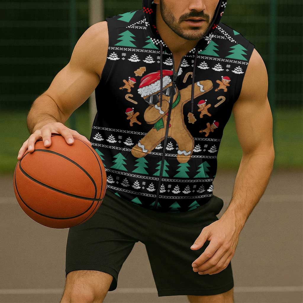 Funny Dabbing Gingerbread Holiday Party Jumper Sleeveless Zip Hoodie Xmas Holiday Patterns - Wonder Print Shop
