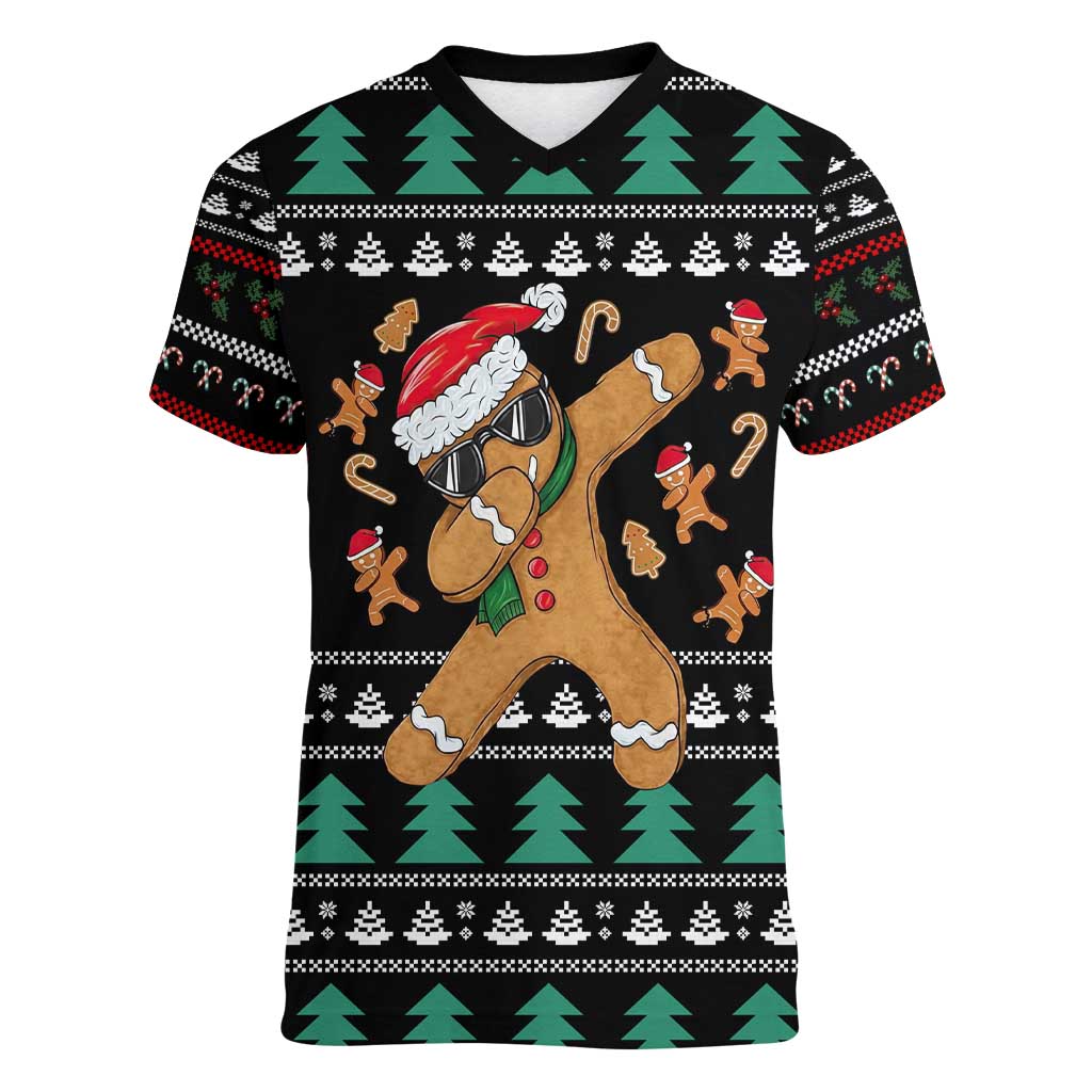 Funny Dabbing Gingerbread Holiday Party Jumper Women V-Neck T-Shirt Xmas Holiday Patterns - Wonder Print Shop
