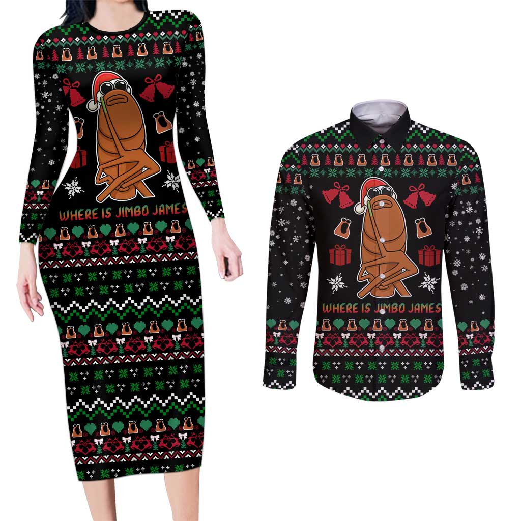 Where Is Jimbo James Marcus The Worm Couples Matching Long Sleeve Bodycon Dress and Long Sleeve Button Shirt Xmas Holiday Patterns - Wonder Print Shop