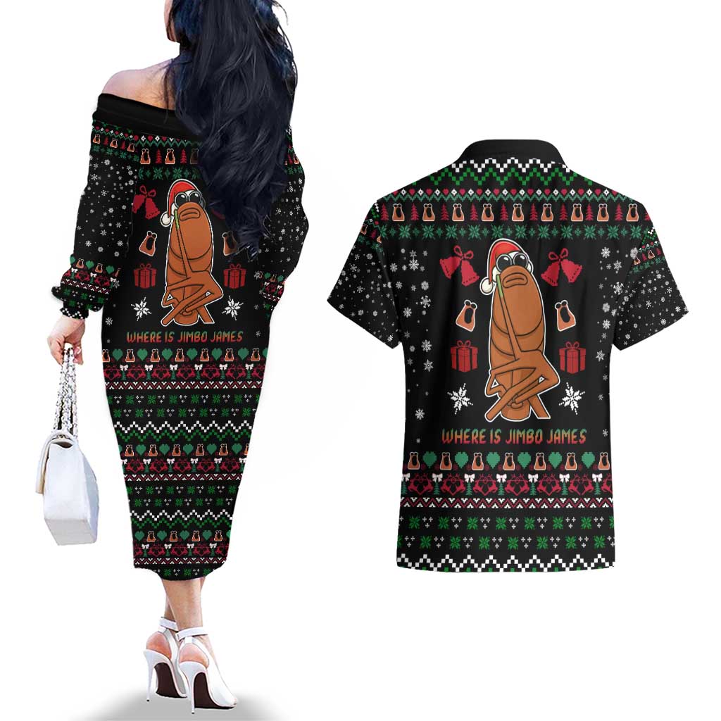 Where Is Jimbo James Marcus The Worm Couples Matching Off The Shoulder Long Sleeve Dress and Hawaiian Shirt Xmas Holiday Patterns - Wonder Print Shop