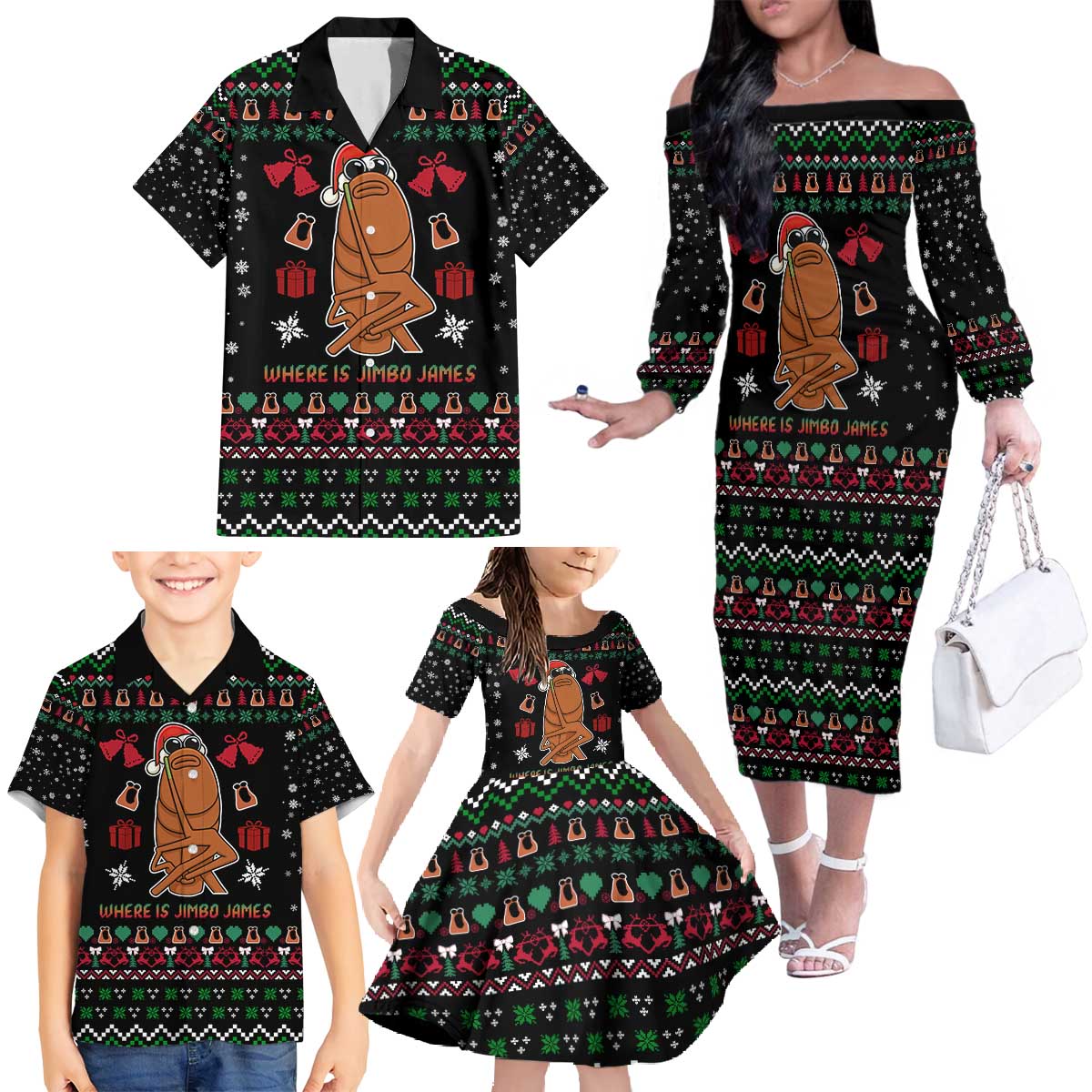 Where Is Jimbo James Marcus The Worm Family Matching Off The Shoulder Long Sleeve Dress and Hawaiian Shirt Xmas Holiday Patterns - Wonder Print Shop