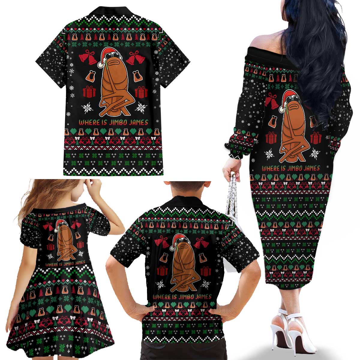 Where Is Jimbo James Marcus The Worm Family Matching Off The Shoulder Long Sleeve Dress and Hawaiian Shirt Xmas Holiday Patterns - Wonder Print Shop