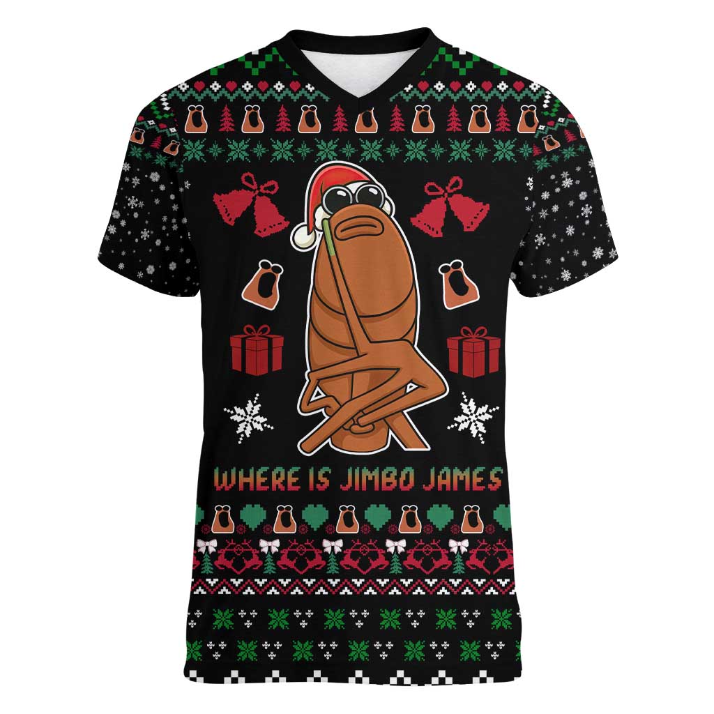 Where Is Jimbo James Marcus The Worm Women V-Neck T-Shirt Xmas Holiday Patterns - Wonder Print Shop