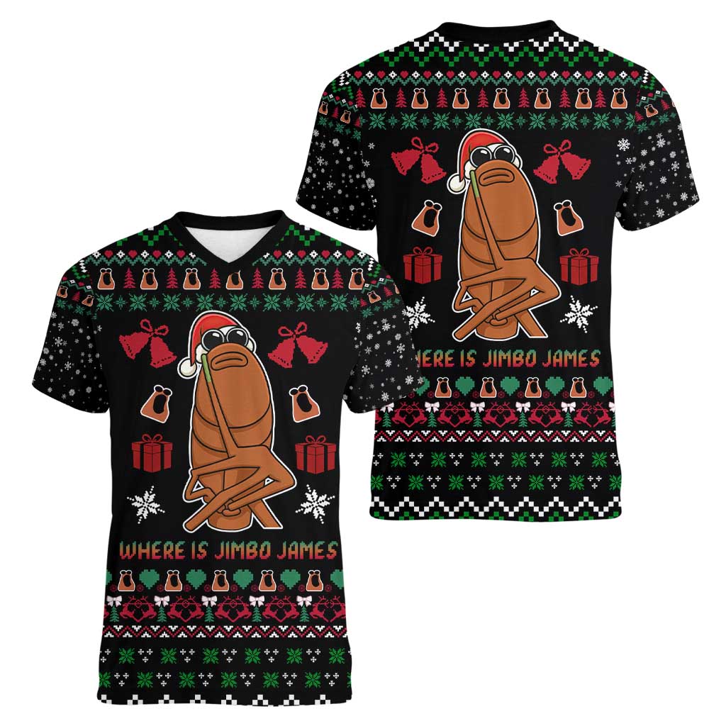 Where Is Jimbo James Marcus The Worm Women V-Neck T-Shirt Xmas Holiday Patterns - Wonder Print Shop