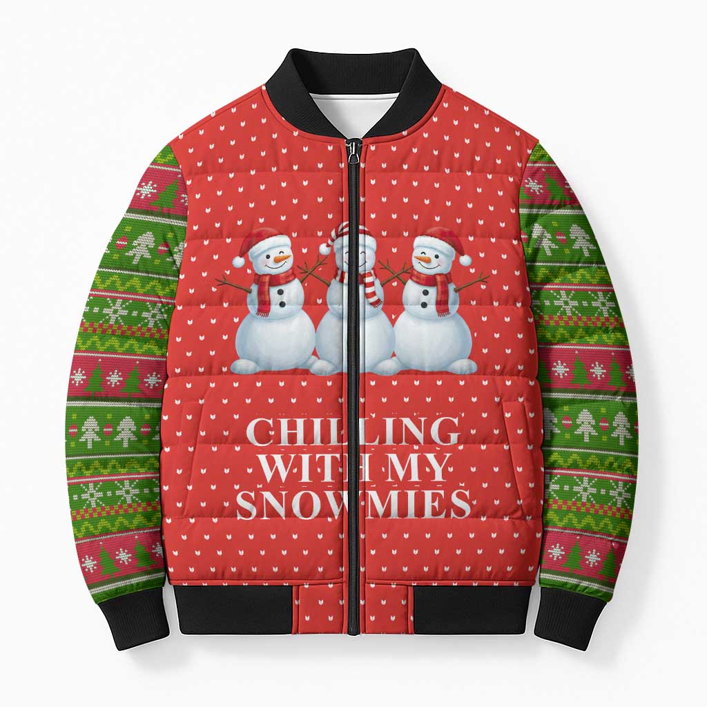 Chilling With My Snowmies Christmas Bomber Puffer Jacket Xmas Holiday Patterns - Wonder Print Shop