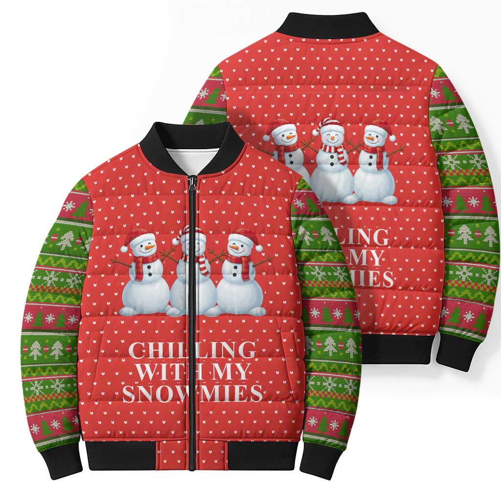 Chilling With My Snowmies Christmas Bomber Puffer Jacket Xmas Holiday Patterns - Wonder Print Shop