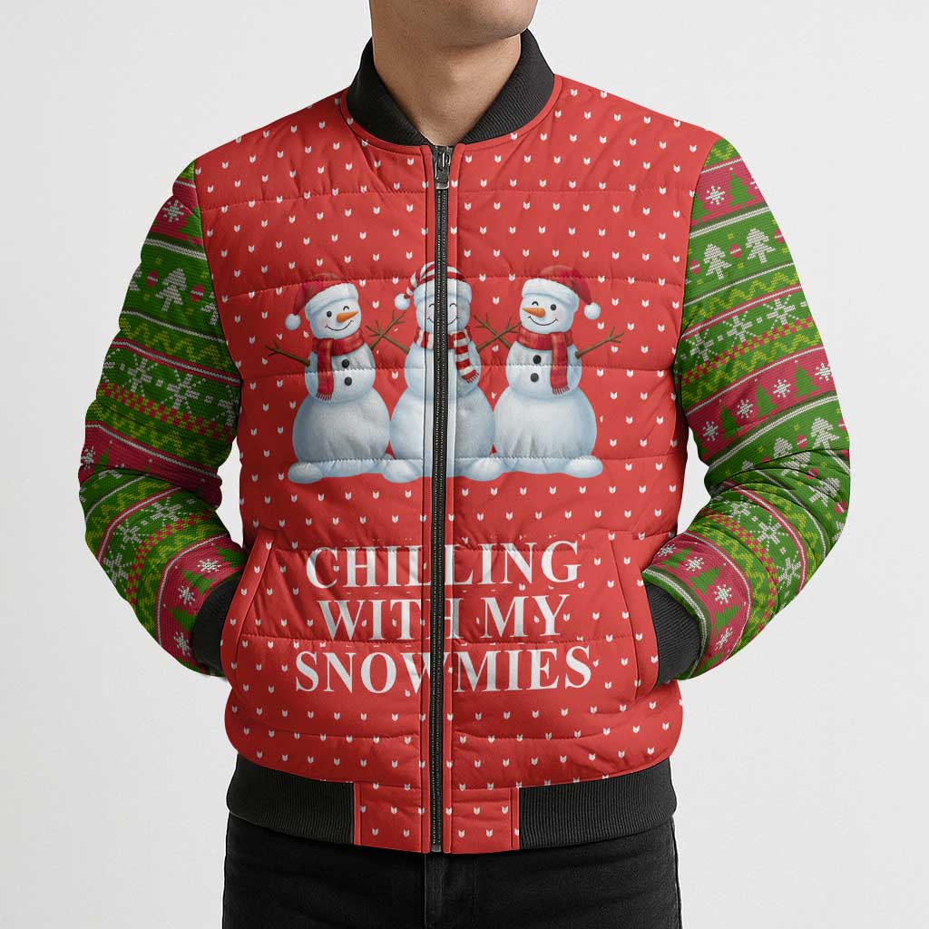 Chilling With My Snowmies Christmas Bomber Puffer Jacket Xmas Holiday Patterns - Wonder Print Shop