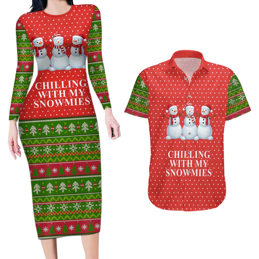 Chilling With My Snowmies Christmas Couples Matching Long Sleeve Bodycon Dress and Hawaiian Shirt Xmas Holiday Patterns - Wonder Print Shop