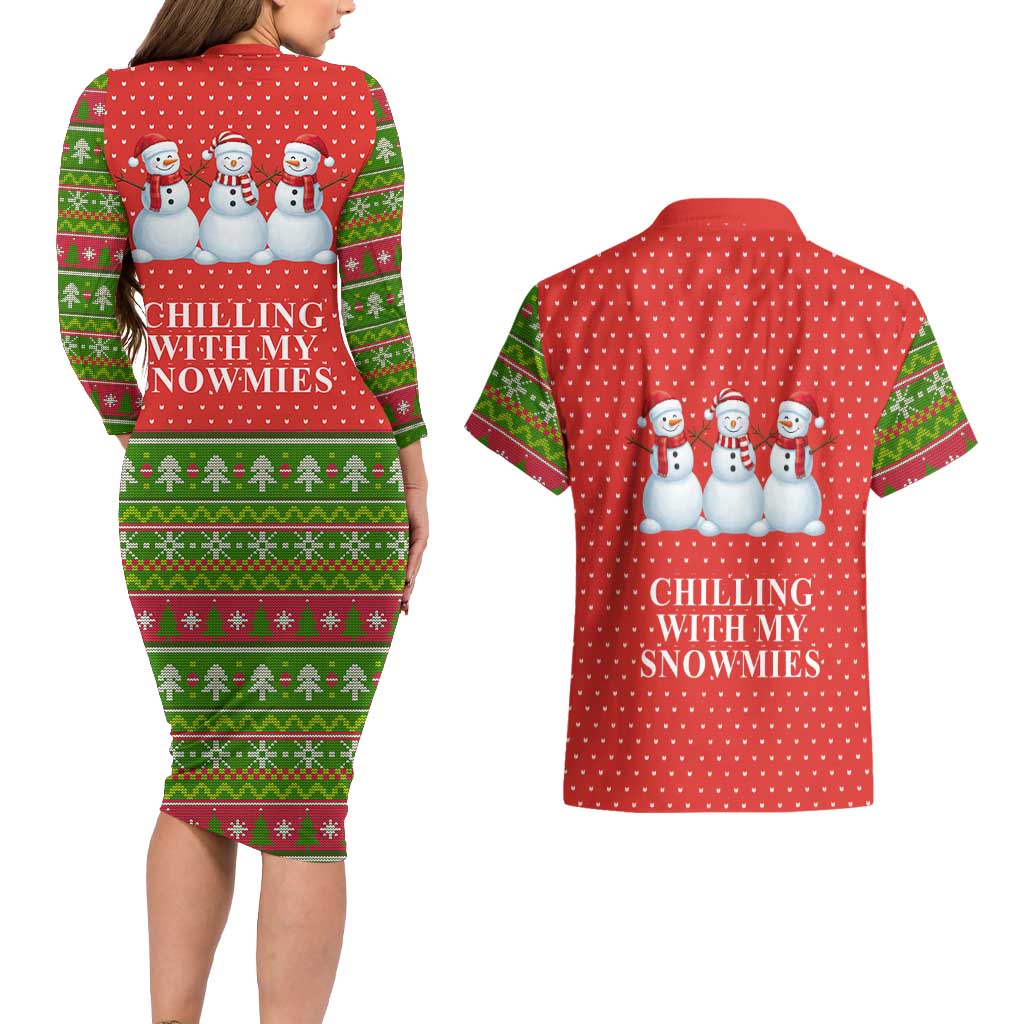 Chilling With My Snowmies Christmas Couples Matching Long Sleeve Bodycon Dress and Hawaiian Shirt Xmas Holiday Patterns - Wonder Print Shop