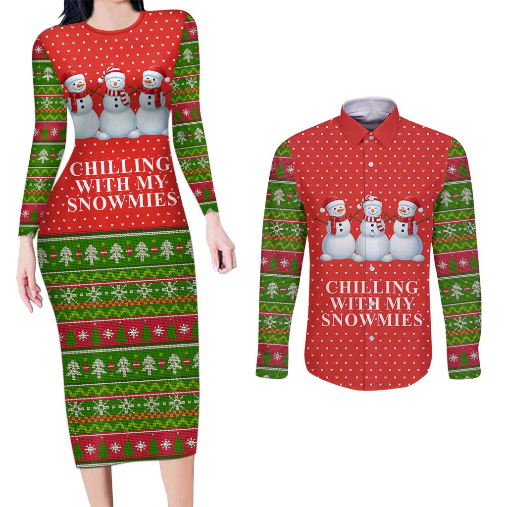 Chilling With My Snowmies Christmas Couples Matching Long Sleeve Bodycon Dress and Long Sleeve Button Shirt Xmas Holiday Patterns - Wonder Print Shop
