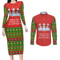Chilling With My Snowmies Christmas Couples Matching Long Sleeve Bodycon Dress and Long Sleeve Button Shirt Xmas Holiday Patterns - Wonder Print Shop