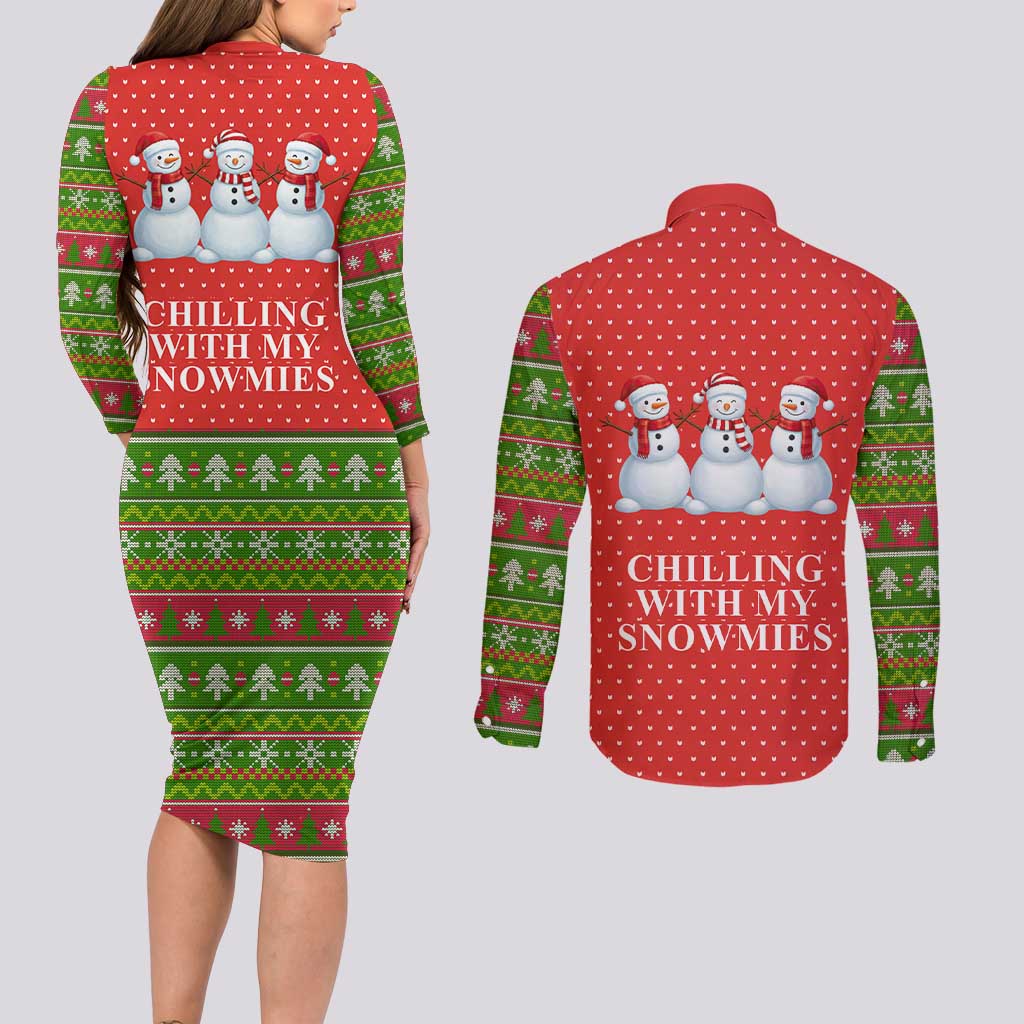 Chilling With My Snowmies Christmas Couples Matching Long Sleeve Bodycon Dress and Long Sleeve Button Shirt Xmas Holiday Patterns - Wonder Print Shop
