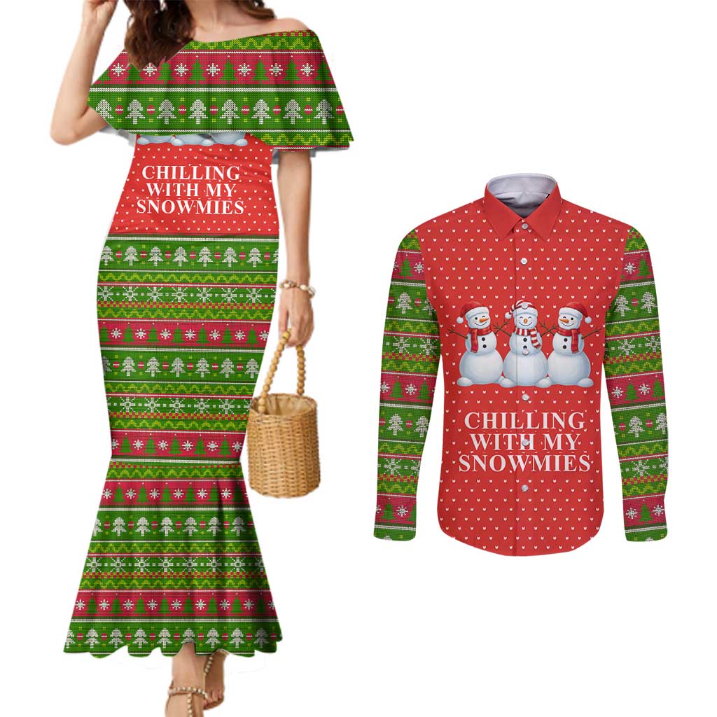 Chilling With My Snowmies Christmas Couples Matching Mermaid Dress and Long Sleeve Button Shirt Xmas Holiday Patterns - Wonder Print Shop