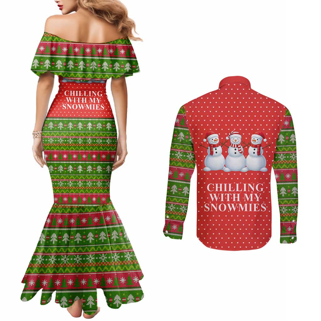 Chilling With My Snowmies Christmas Couples Matching Mermaid Dress and Long Sleeve Button Shirt Xmas Holiday Patterns - Wonder Print Shop