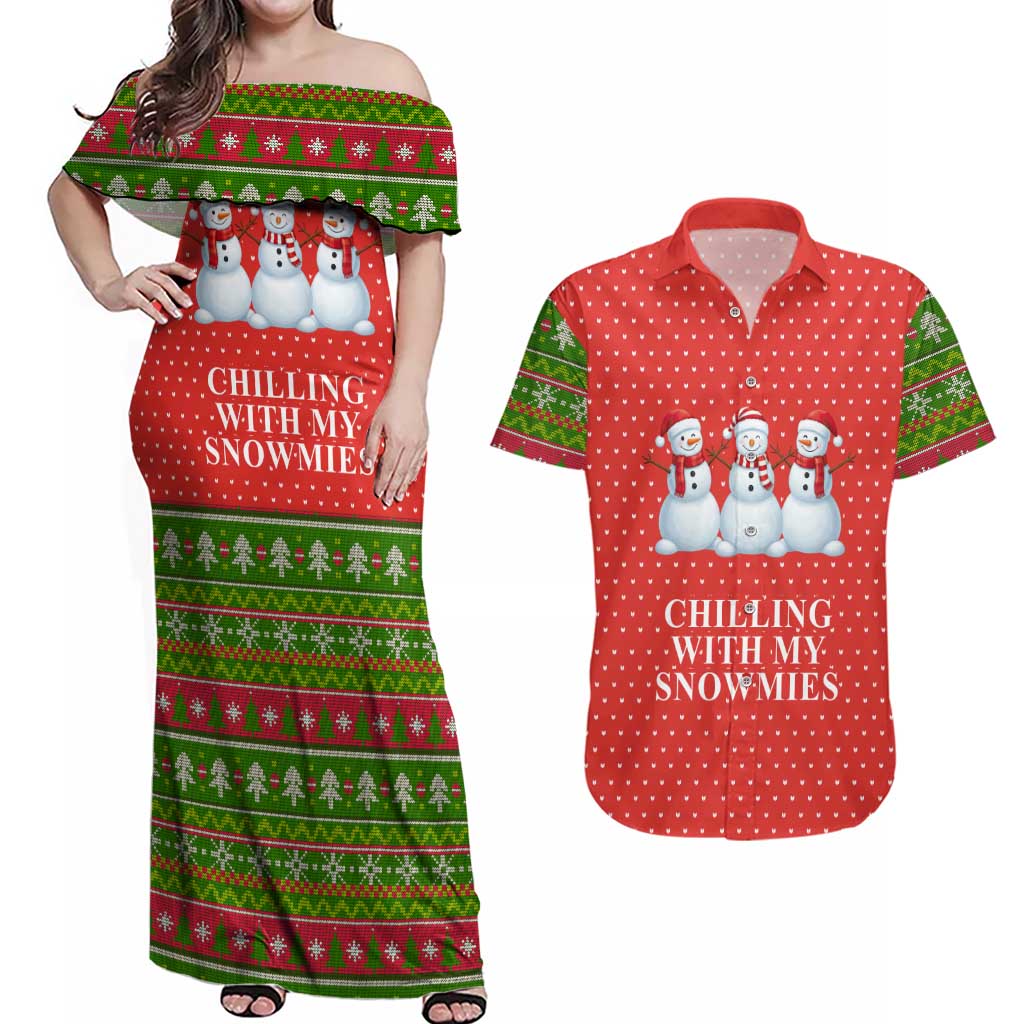 Chilling With My Snowmies Christmas Couples Matching Off Shoulder Maxi Dress and Hawaiian Shirt Xmas Holiday Patterns - Wonder Print Shop
