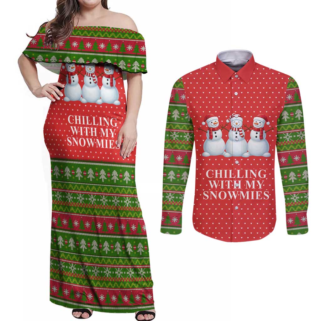Chilling With My Snowmies Christmas Couples Matching Off Shoulder Maxi Dress and Long Sleeve Button Shirt Xmas Holiday Patterns - Wonder Print Shop