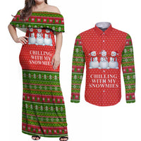 Chilling With My Snowmies Christmas Couples Matching Off Shoulder Maxi Dress and Long Sleeve Button Shirt Xmas Holiday Patterns - Wonder Print Shop