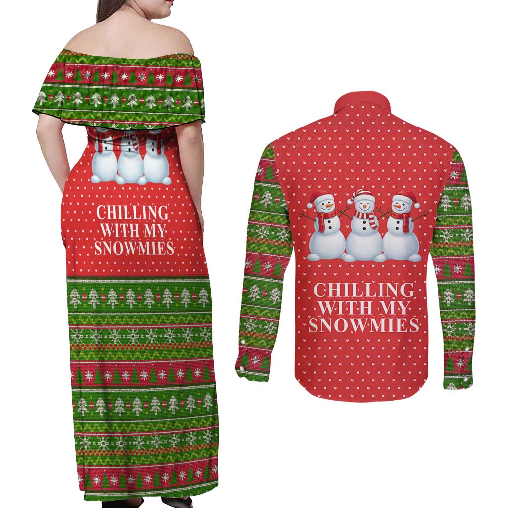 Chilling With My Snowmies Christmas Couples Matching Off Shoulder Maxi Dress and Long Sleeve Button Shirt Xmas Holiday Patterns - Wonder Print Shop