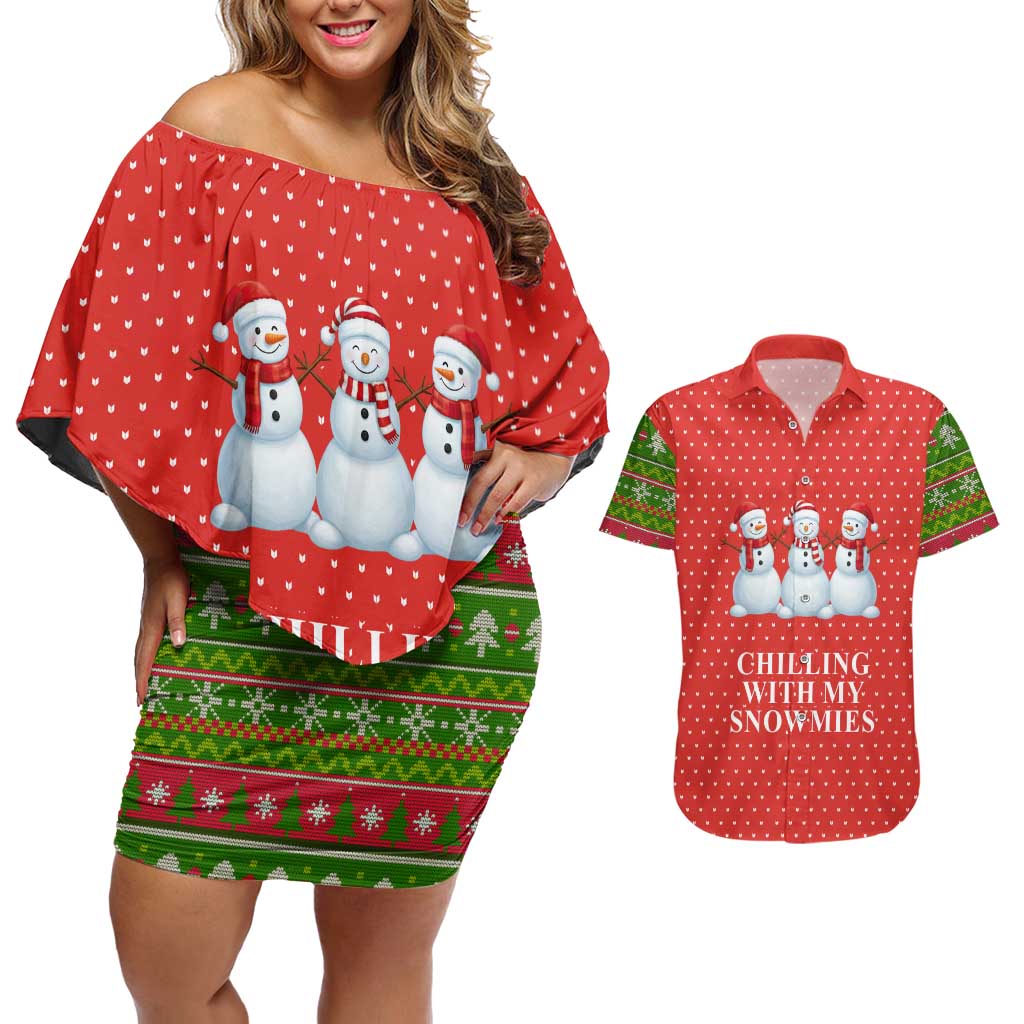 Chilling With My Snowmies Christmas Couples Matching Off Shoulder Short Dress and Hawaiian Shirt Xmas Holiday Patterns - Wonder Print Shop