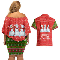 Chilling With My Snowmies Christmas Couples Matching Off Shoulder Short Dress and Hawaiian Shirt Xmas Holiday Patterns - Wonder Print Shop