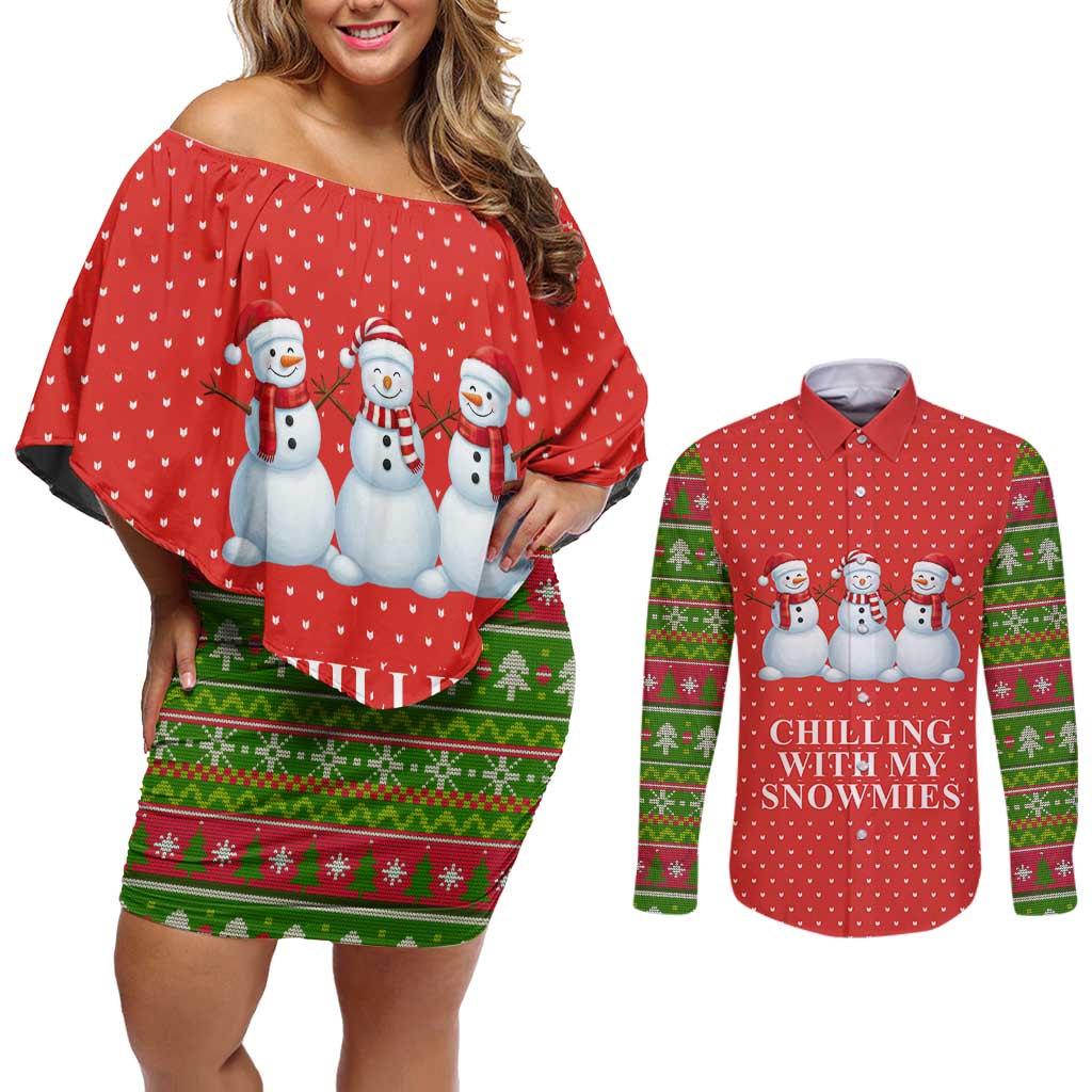 Chilling With My Snowmies Christmas Couples Matching Off Shoulder Short Dress and Long Sleeve Button Shirt Xmas Holiday Patterns - Wonder Print Shop