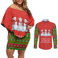 Chilling With My Snowmies Christmas Couples Matching Off Shoulder Short Dress and Long Sleeve Button Shirt Xmas Holiday Patterns - Wonder Print Shop