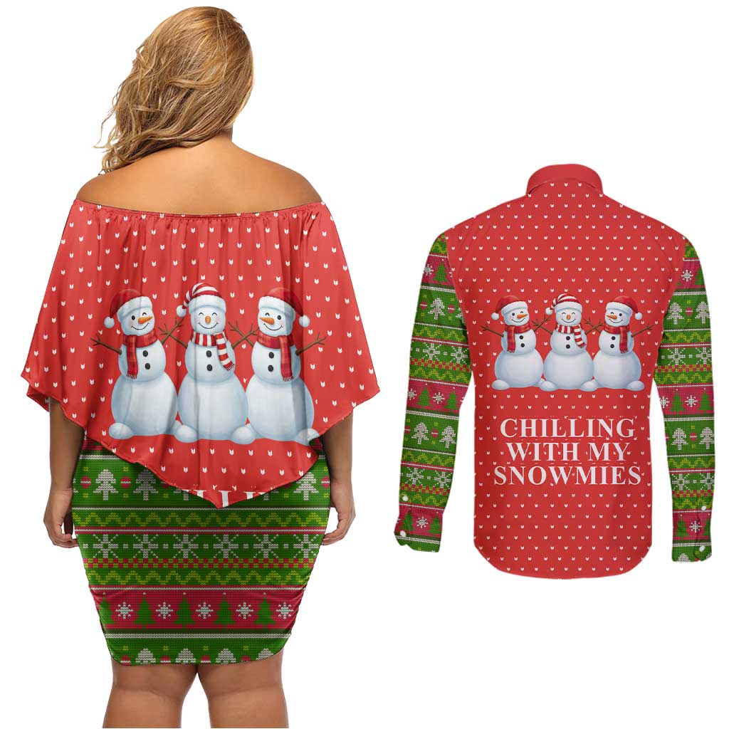 Chilling With My Snowmies Christmas Couples Matching Off Shoulder Short Dress and Long Sleeve Button Shirt Xmas Holiday Patterns - Wonder Print Shop
