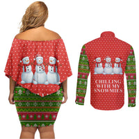 Chilling With My Snowmies Christmas Couples Matching Off Shoulder Short Dress and Long Sleeve Button Shirt Xmas Holiday Patterns - Wonder Print Shop