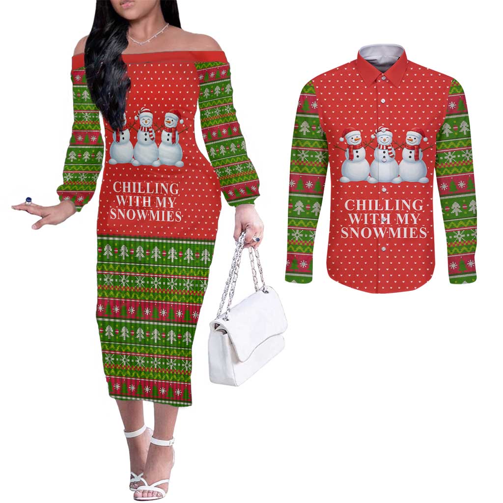 Chilling With My Snowmies Christmas Couples Matching Off The Shoulder Long Sleeve Dress and Long Sleeve Button Shirt Xmas Holiday Patterns - Wonder Print Shop