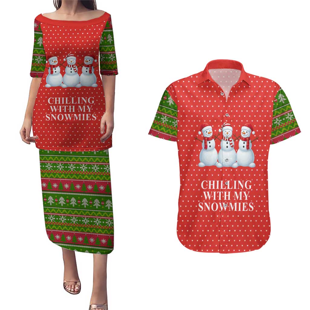 Chilling With My Snowmies Christmas Couples Matching Puletasi and Hawaiian Shirt Xmas Holiday Patterns - Wonder Print Shop