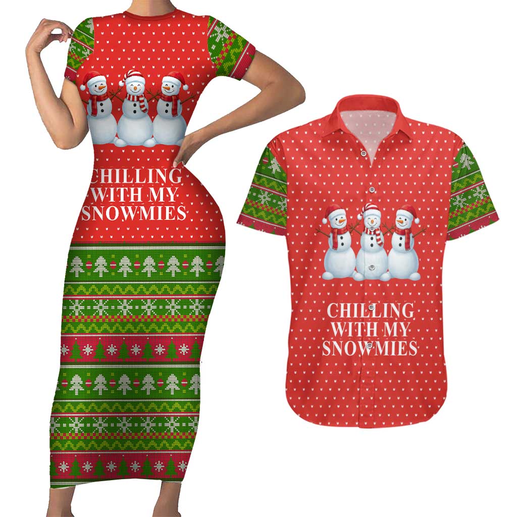 Chilling With My Snowmies Christmas Couples Matching Short Sleeve Bodycon Dress and Hawaiian Shirt Xmas Holiday Patterns - Wonder Print Shop
