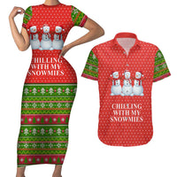Chilling With My Snowmies Christmas Couples Matching Short Sleeve Bodycon Dress and Hawaiian Shirt Xmas Holiday Patterns - Wonder Print Shop