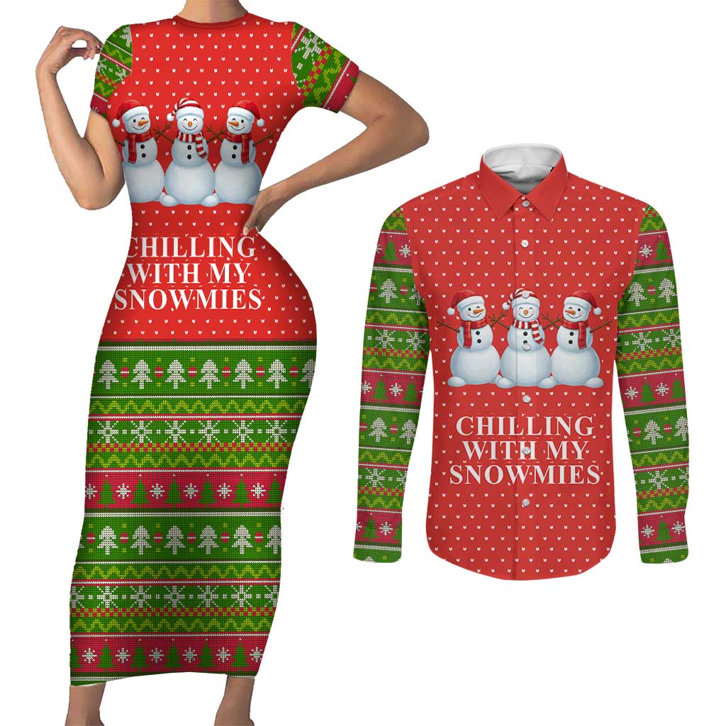 Chilling With My Snowmies Christmas Couples Matching Short Sleeve Bodycon Dress and Long Sleeve Button Shirt Xmas Holiday Patterns - Wonder Print Shop