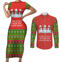 Chilling With My Snowmies Christmas Couples Matching Short Sleeve Bodycon Dress and Long Sleeve Button Shirt Xmas Holiday Patterns - Wonder Print Shop