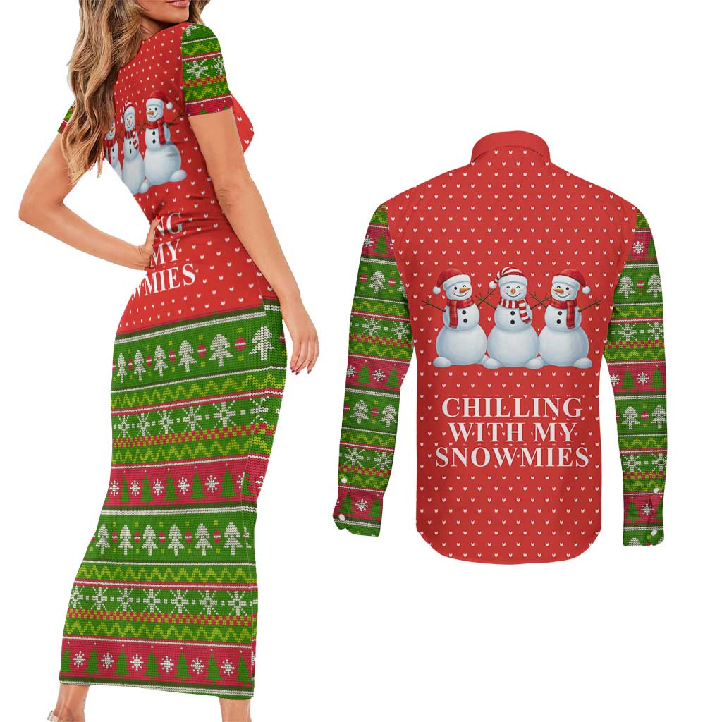 Chilling With My Snowmies Christmas Couples Matching Short Sleeve Bodycon Dress and Long Sleeve Button Shirt Xmas Holiday Patterns - Wonder Print Shop