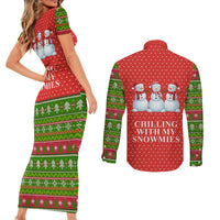 Chilling With My Snowmies Christmas Couples Matching Short Sleeve Bodycon Dress and Long Sleeve Button Shirt Xmas Holiday Patterns - Wonder Print Shop