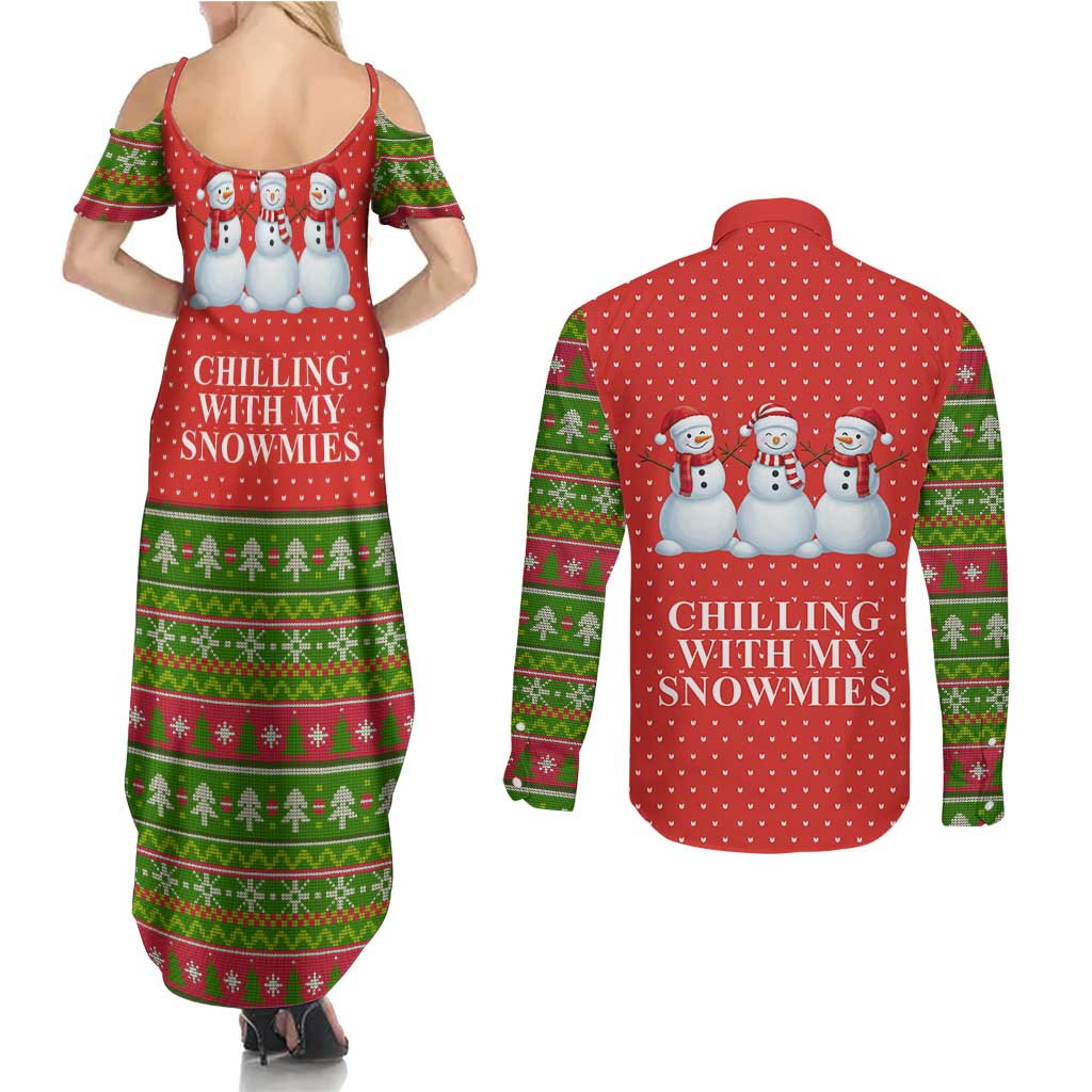 Chilling With My Snowmies Christmas Couples Matching Summer Maxi Dress and Long Sleeve Button Shirt Xmas Holiday Patterns - Wonder Print Shop