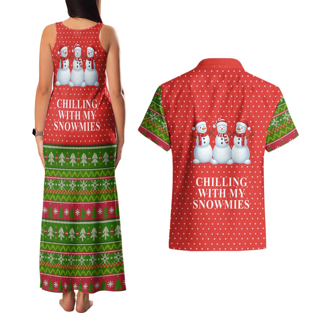 Chilling With My Snowmies Christmas Couples Matching Tank Maxi Dress and Hawaiian Shirt Xmas Holiday Patterns - Wonder Print Shop