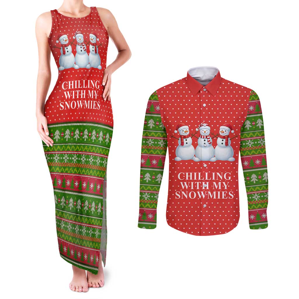 Chilling With My Snowmies Christmas Couples Matching Tank Maxi Dress and Long Sleeve Button Shirt Xmas Holiday Patterns - Wonder Print Shop