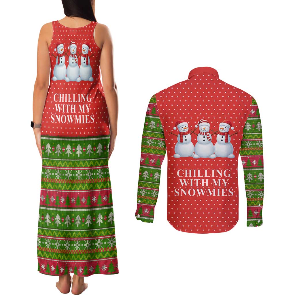 Chilling With My Snowmies Christmas Couples Matching Tank Maxi Dress and Long Sleeve Button Shirt Xmas Holiday Patterns - Wonder Print Shop