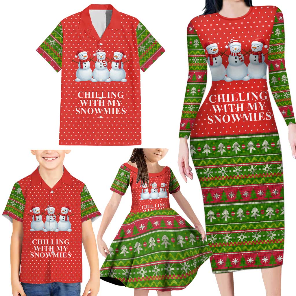 Chilling With My Snowmies Christmas Family Matching Long Sleeve Bodycon Dress and Hawaiian Shirt Xmas Holiday Patterns - Wonder Print Shop