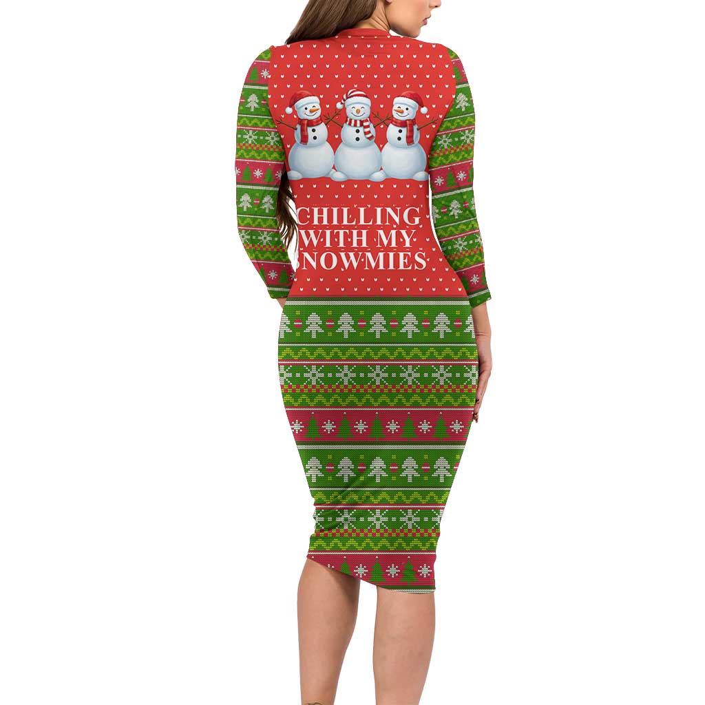 Chilling With My Snowmies Christmas Family Matching Long Sleeve Bodycon Dress and Hawaiian Shirt Xmas Holiday Patterns - Wonder Print Shop