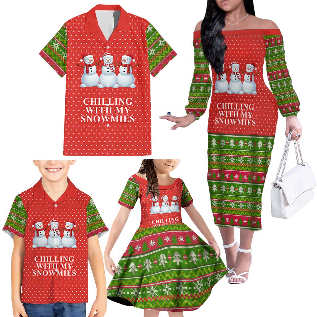 Chilling With My Snowmies Christmas Family Matching Off The Shoulder Long Sleeve Dress and Hawaiian Shirt Xmas Holiday Patterns - undefined