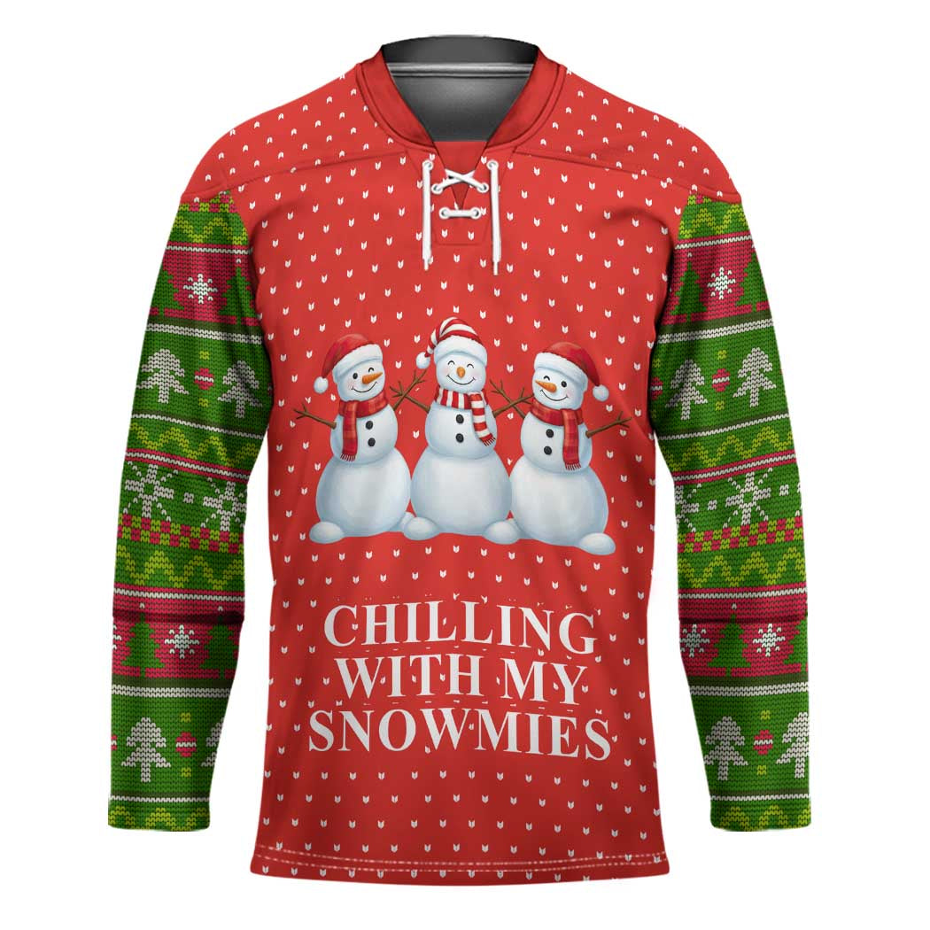 Chilling With My Snowmies Christmas Hockey Jersey Xmas Holiday Patterns - Wonder Print Shop