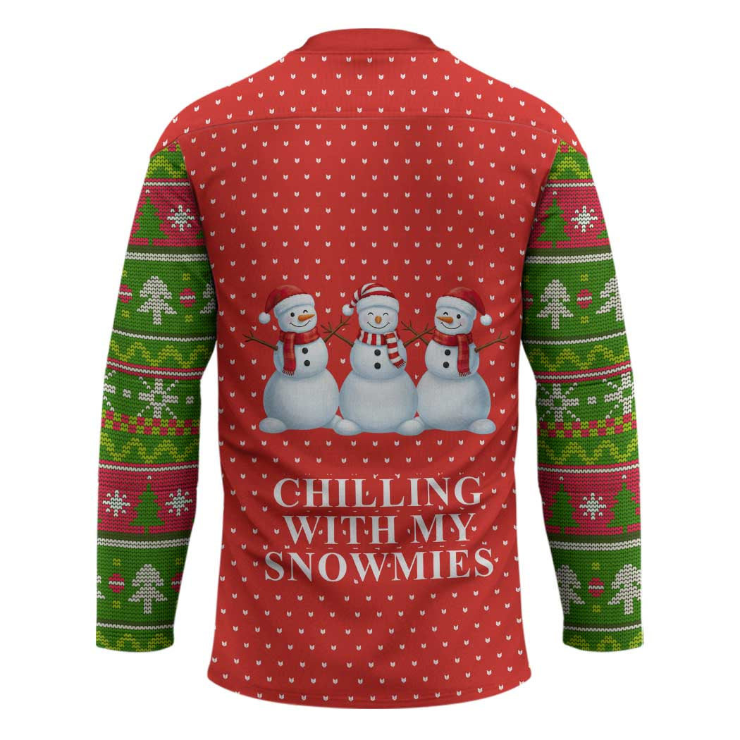 Chilling With My Snowmies Christmas Hockey Jersey Xmas Holiday Patterns - Wonder Print Shop