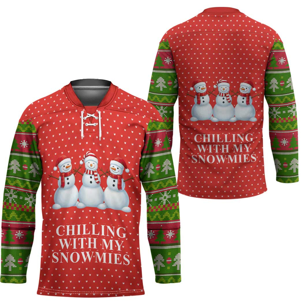 Chilling With My Snowmies Christmas Hockey Jersey Xmas Holiday Patterns - Wonder Print Shop