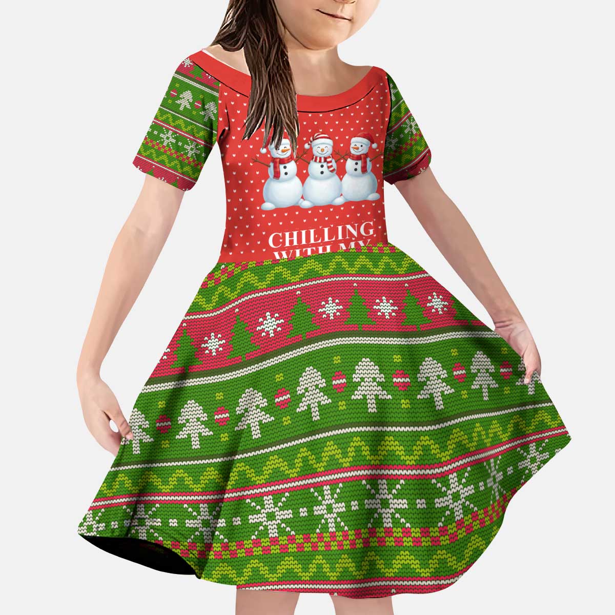 Chilling With My Snowmies Christmas Kid Short Sleeve Dress Xmas Holiday Patterns - Wonder Print Shop