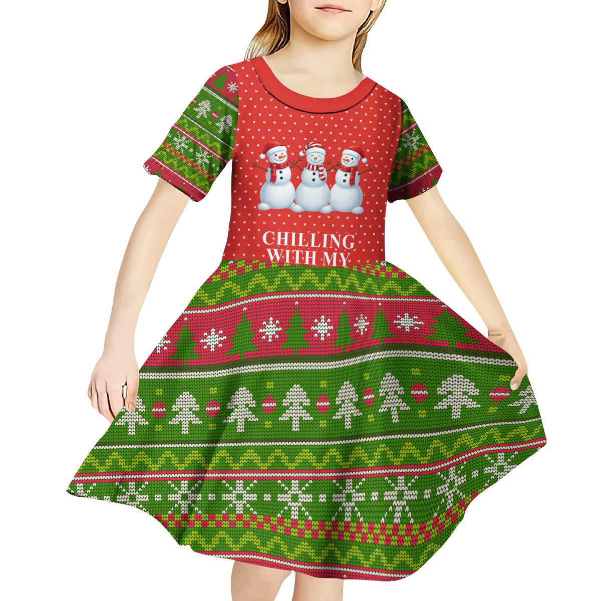 Chilling With My Snowmies Christmas Kid Short Sleeve Dress Xmas Holiday Patterns - Wonder Print Shop