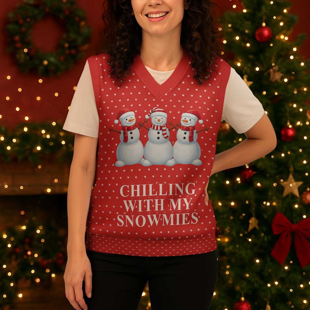 Chilling With My Snowmies Christmas Knitted V-Neck Vest Xmas Holiday Patterns - Wonder Print Shop